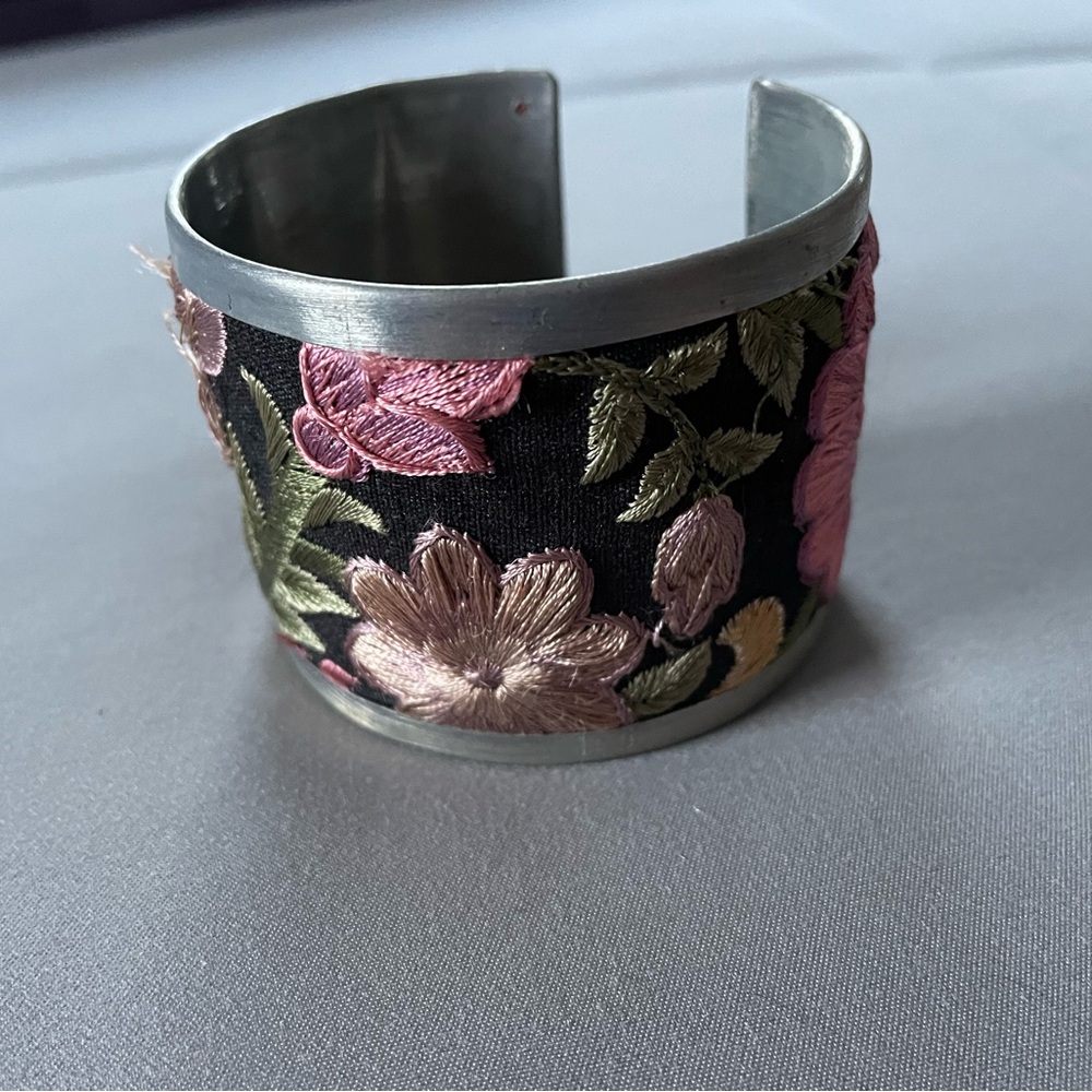 Floral Embroidered Metal Cuff Bracelet